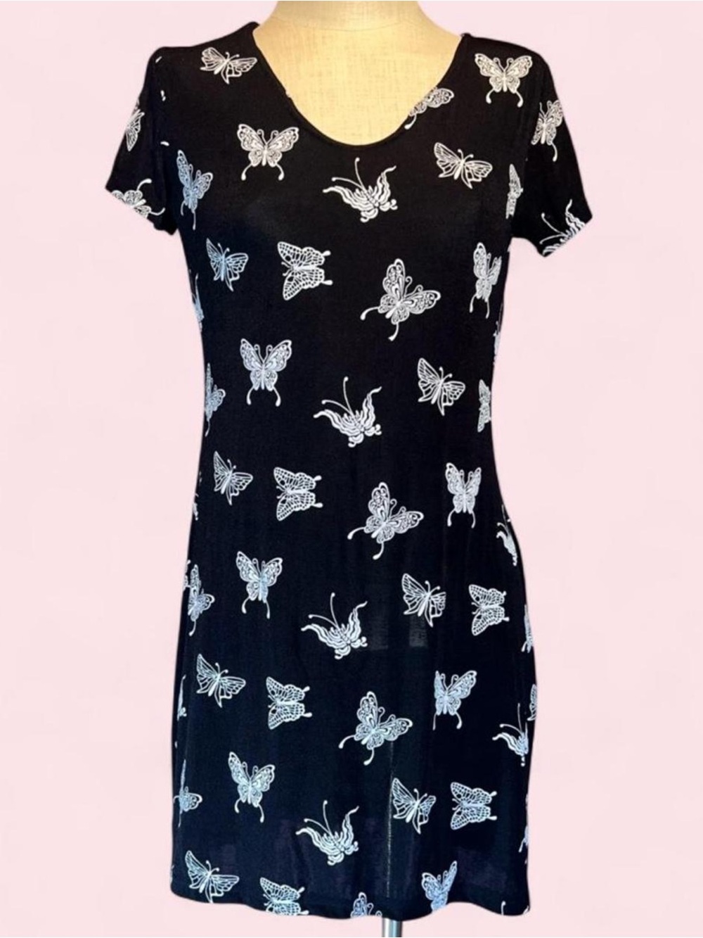 🦋Black & White Butterfly Print Dress w Short Sleeves & Scoop Neck • espressa USA